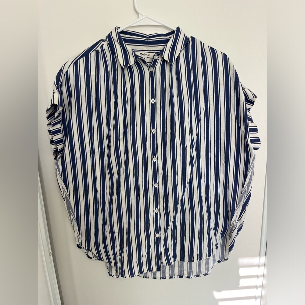 Women's Madewell Blue‎ & White Striped 100% Cotton Short Sleeved Shirt Size M